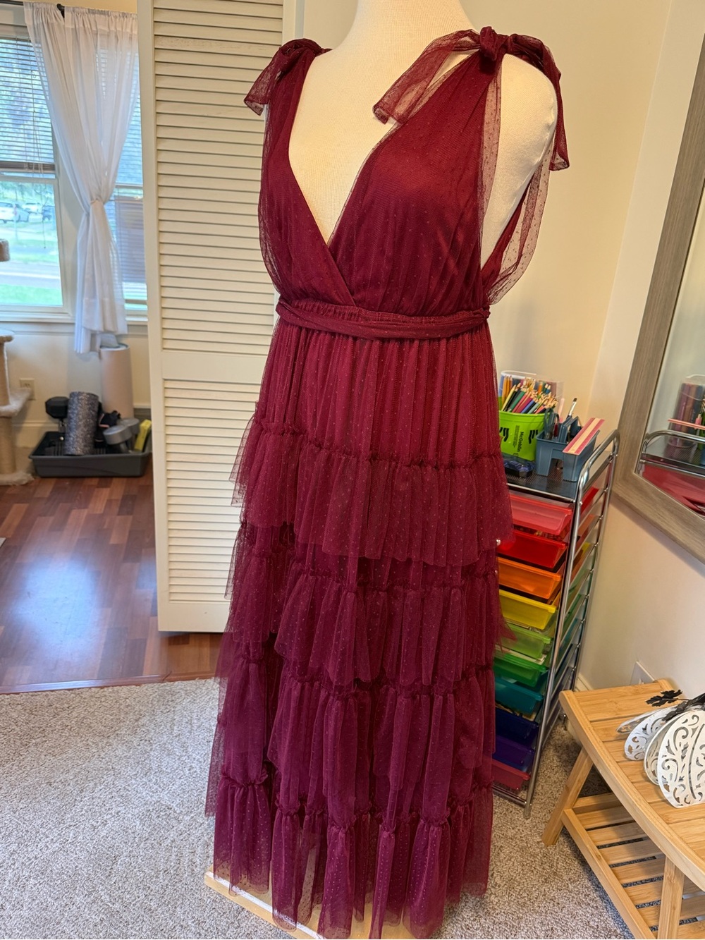 ARULA Wine Burgundy Tiered Tulle Maxi Dress